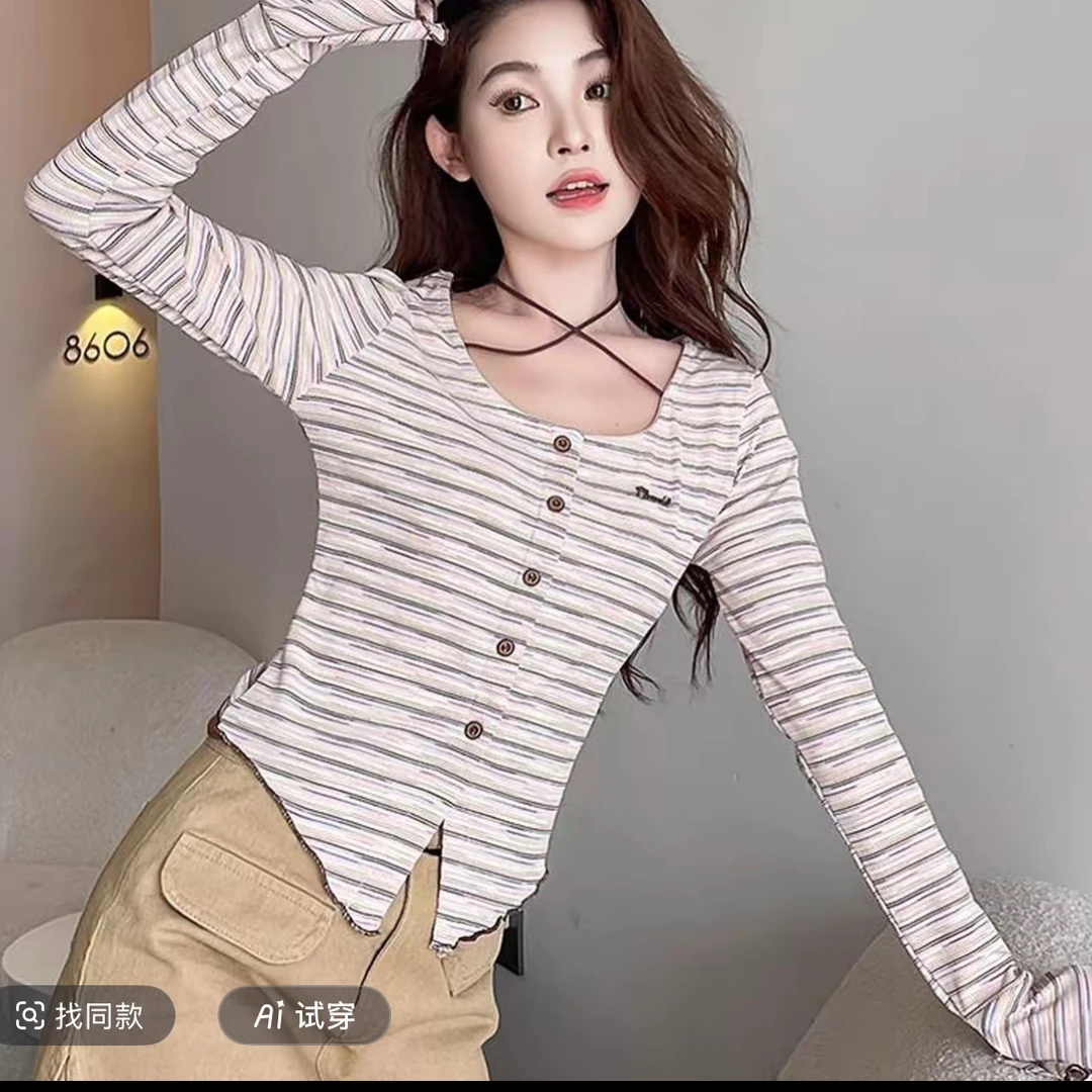 28109#早秋条纹t恤女秋季新款设计感小众不规则条纹显瘦长袖上衣