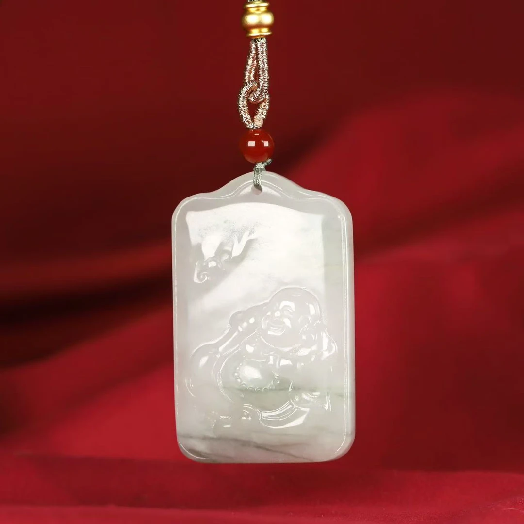 【正品保真】新疆天然玉石天山翠雪翠佛公双面雕刻山水牌拍一发一