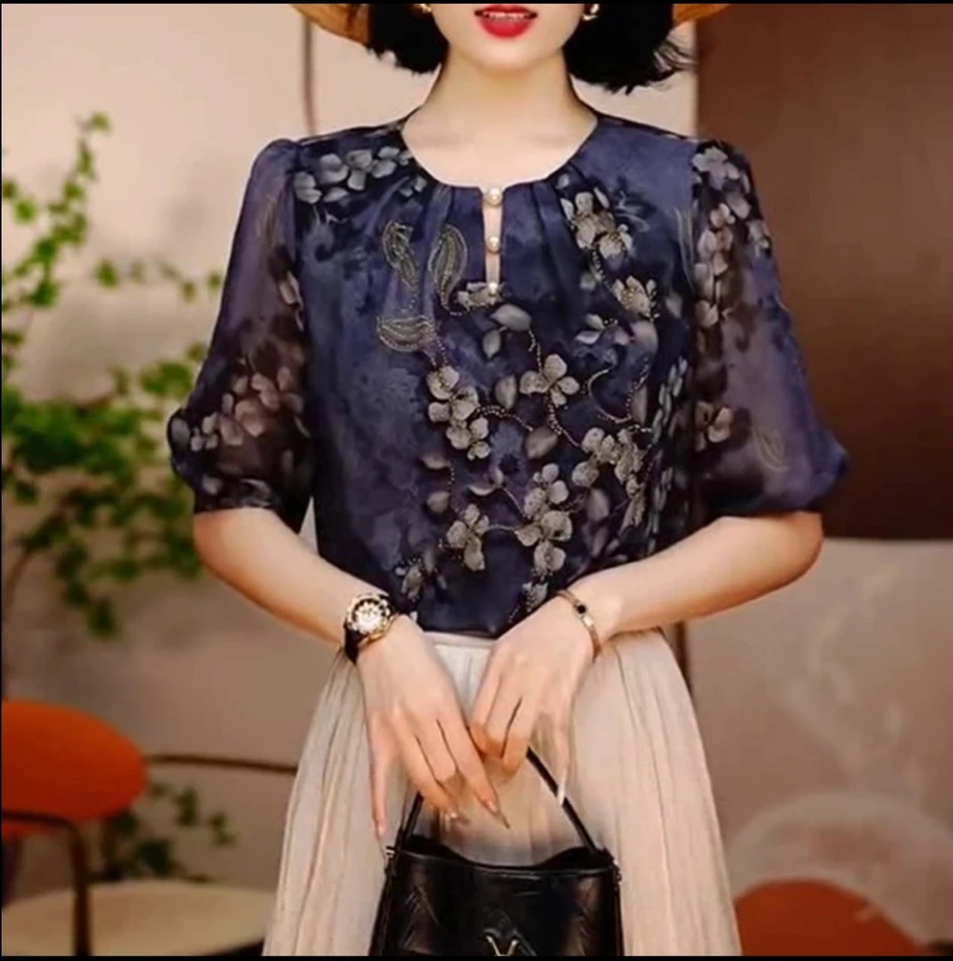 X8826法式复古印花圆领中袖衬衫女2025夏季新款设计感小众上衣女