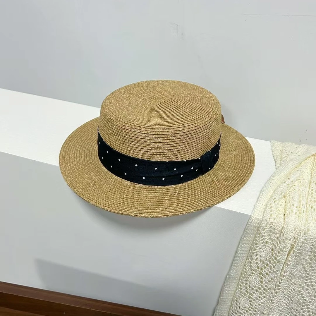 夏日轻奢平顶草编帽子女高级防晒沙滩草帽子礼帽出游英伦2025遮阳
