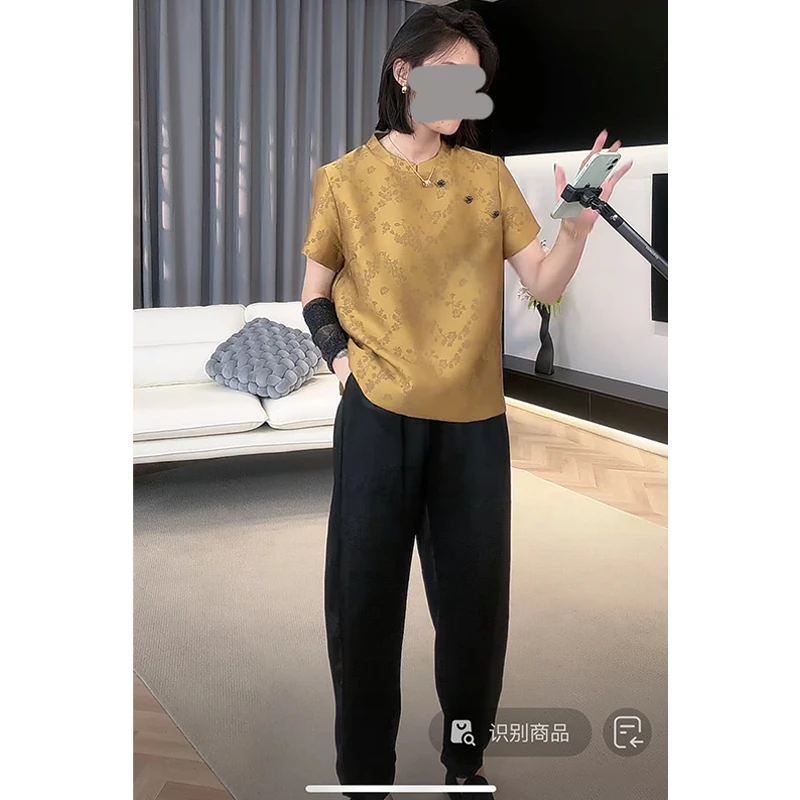 香朵儿流行爆款休闲套装女新中式国风时尚宽松短袖衬衫休闲裤两件