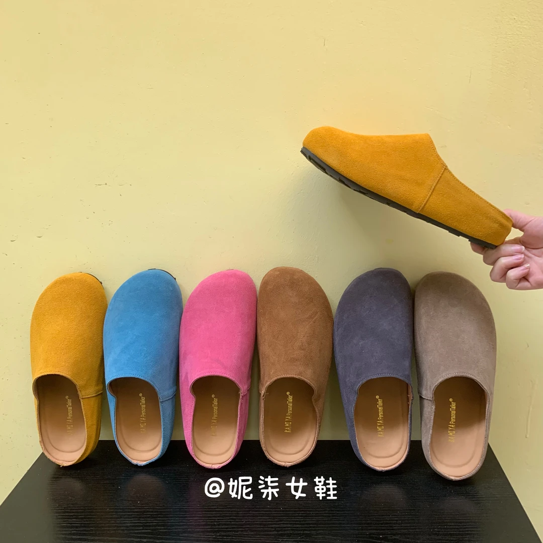 网红韩版百搭复古真皮内增高软底半拖鞋秋季圆头休闲慵懒感勃肯拖