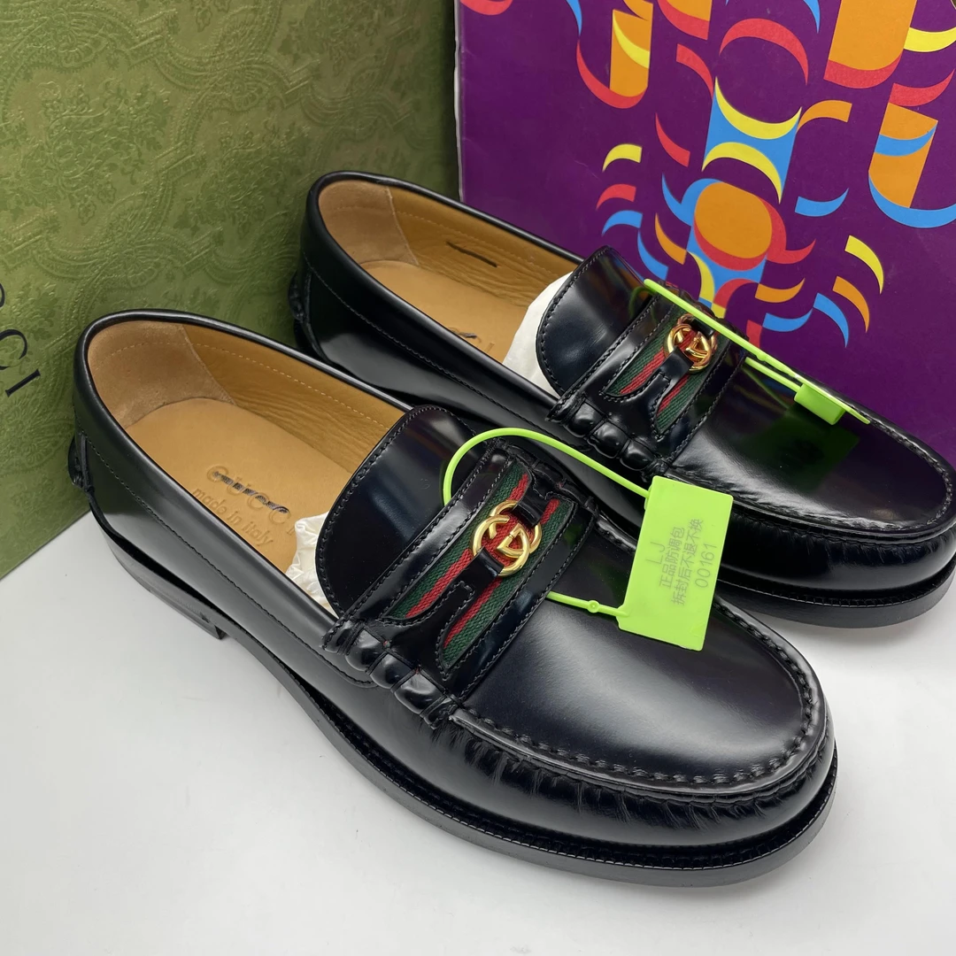 99新 GUCCI/古驰 /39码/偏小 黑色皮革织带双G乐福鞋（全套未使用）