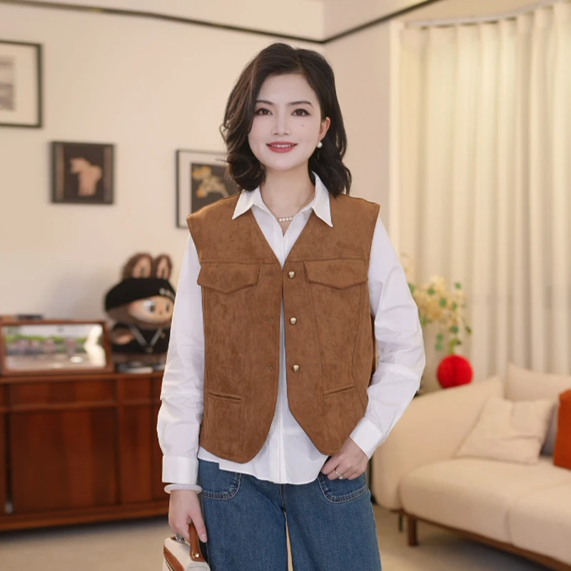 枫竺女装阿楠anan麂皮绒V领时尚宽松马甲短外套女春百搭无袖马夹