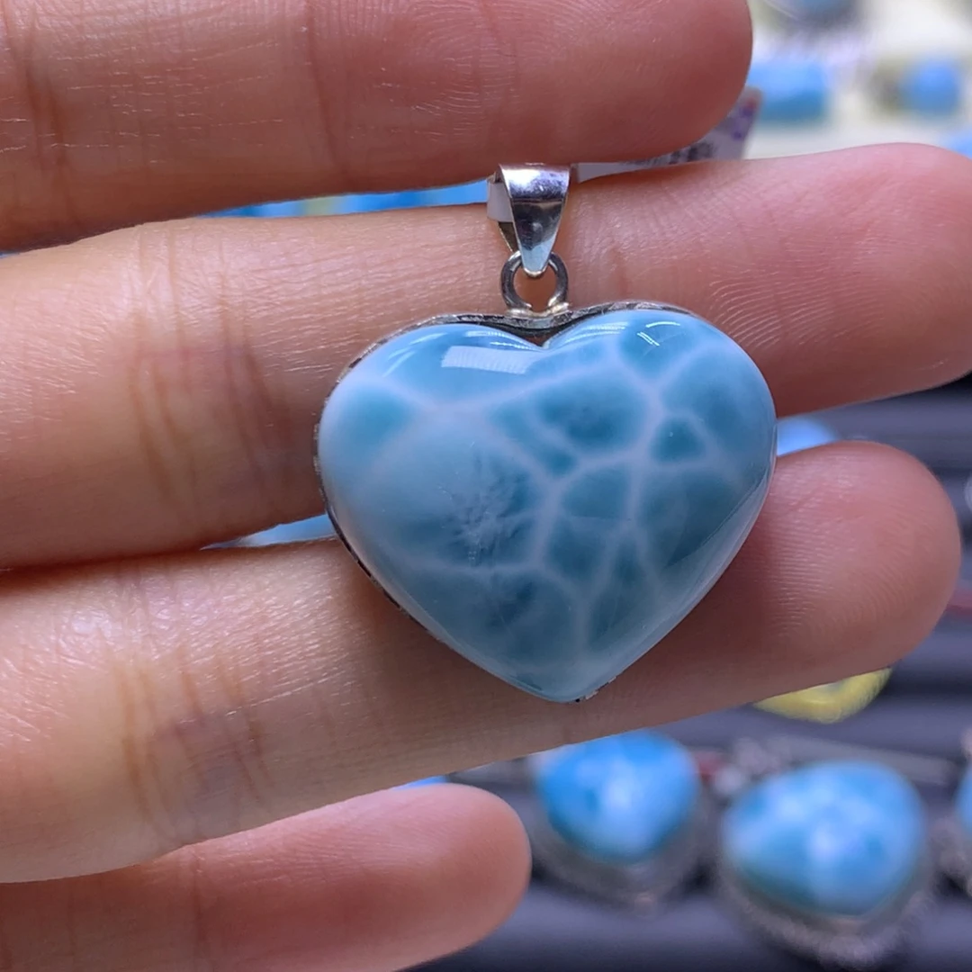 针钠钙石（海纹石）银S925镶嵌吊坠(不含链)爱心吊坠色差略异