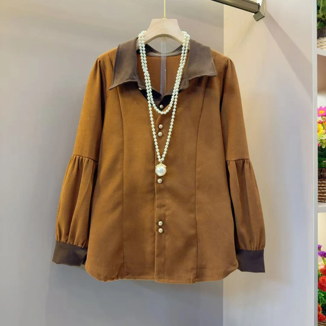 时尚小众拼色美拉德超火网红衬衫衣长64左右