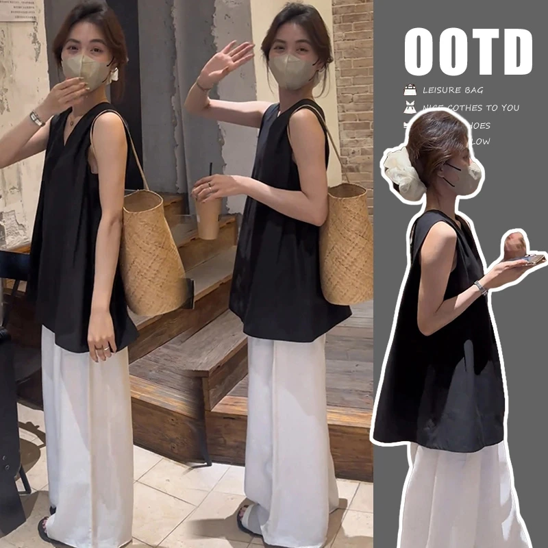 孕妇爆款夏季新款时尚慵懒风休闲V领无袖上衣显瘦阔腿裤两件套韩