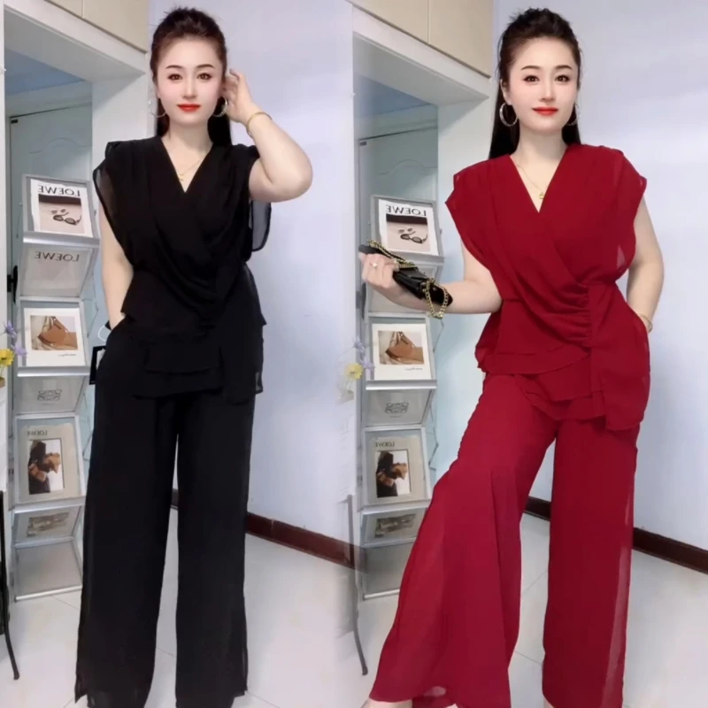 夏季套装2025新款女洋气减龄显瘦遮肉上衣配高腰大阔腿长裤两件套