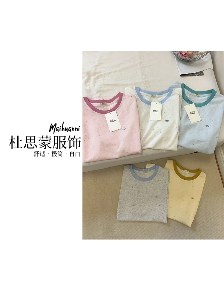 (杜思蒙服饰)9899-【宝藏衣橱 】休闲百搭彩色棉点撞色拼领短袖T恤