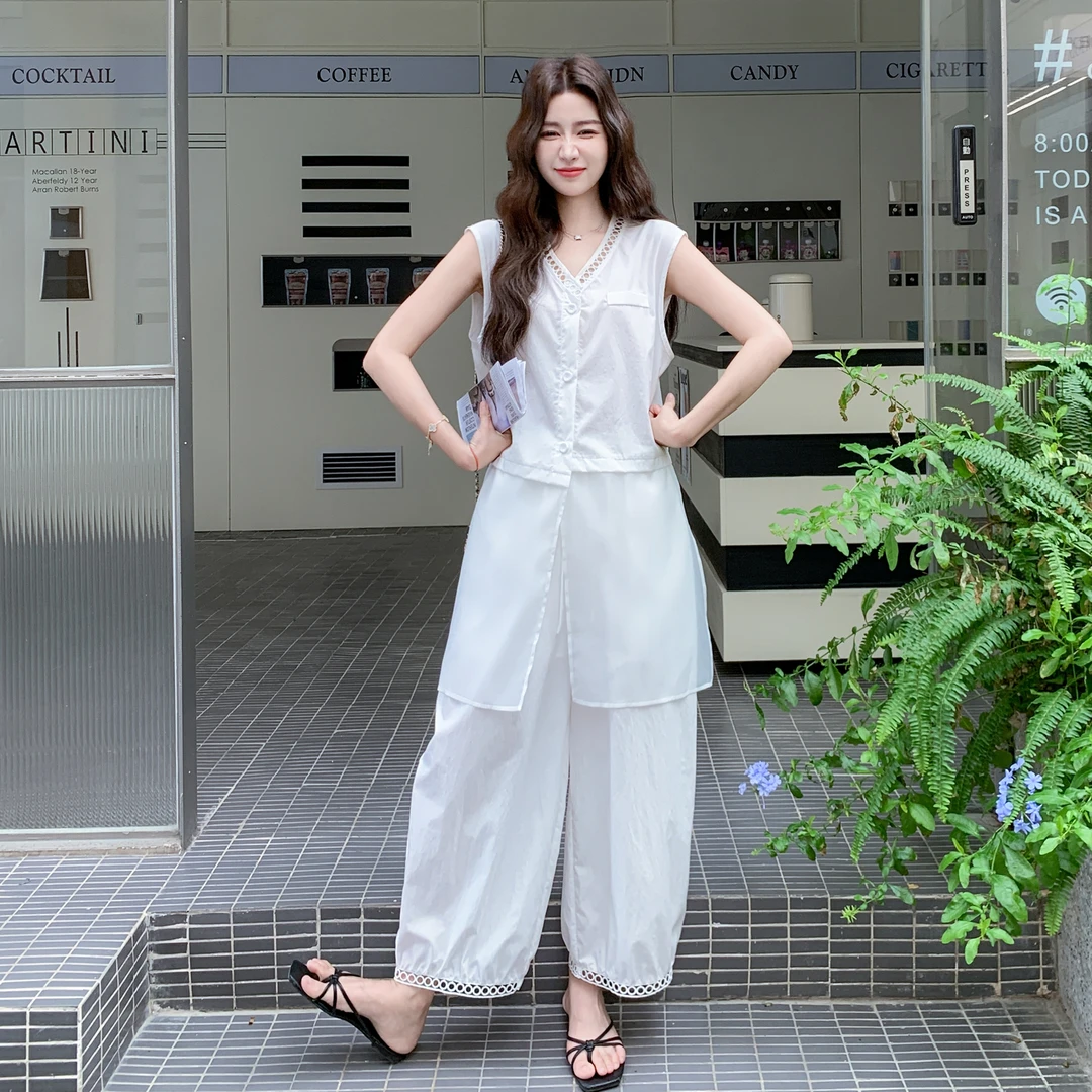 白色薄纱拼接无袖马甲阔腿裤套装女2025夏季淡人穿搭松弛感两件套