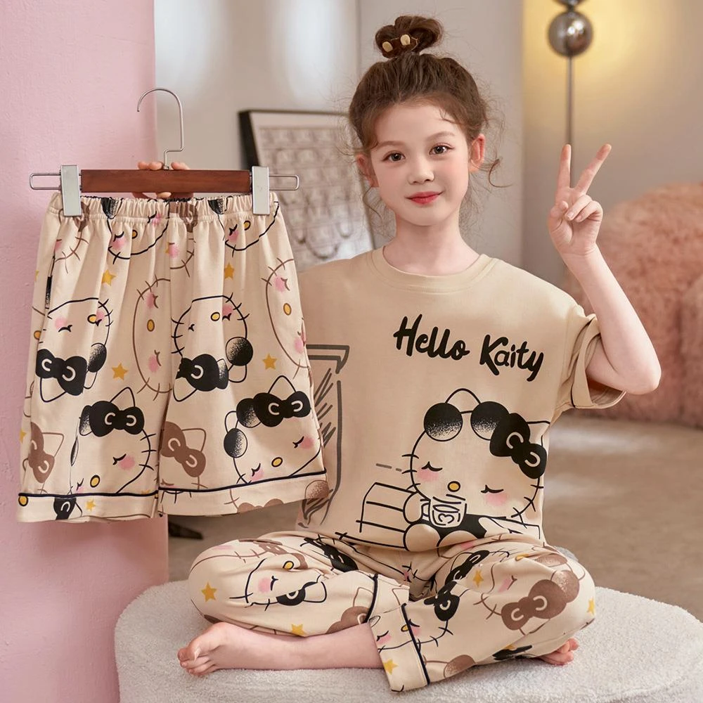 范哲萨儿童睡衣女童短袖长裤春夏装纯棉中大童凯蒂猫公主宝宝家居