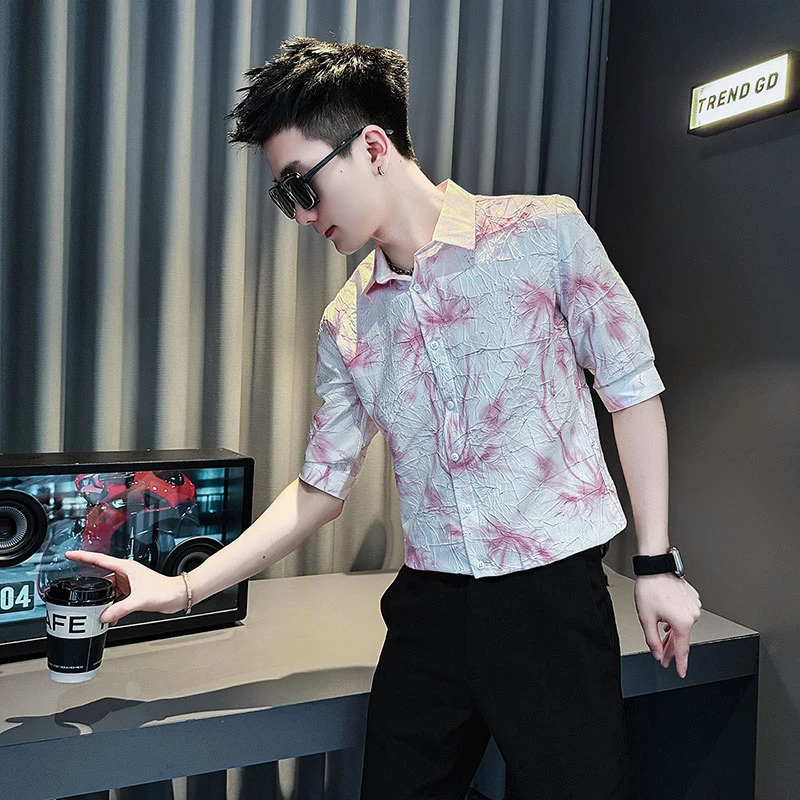 扎染衬衫男士短袖夏季2025新款潮牌痞帅男装休闲上衣法式格纹衬衣