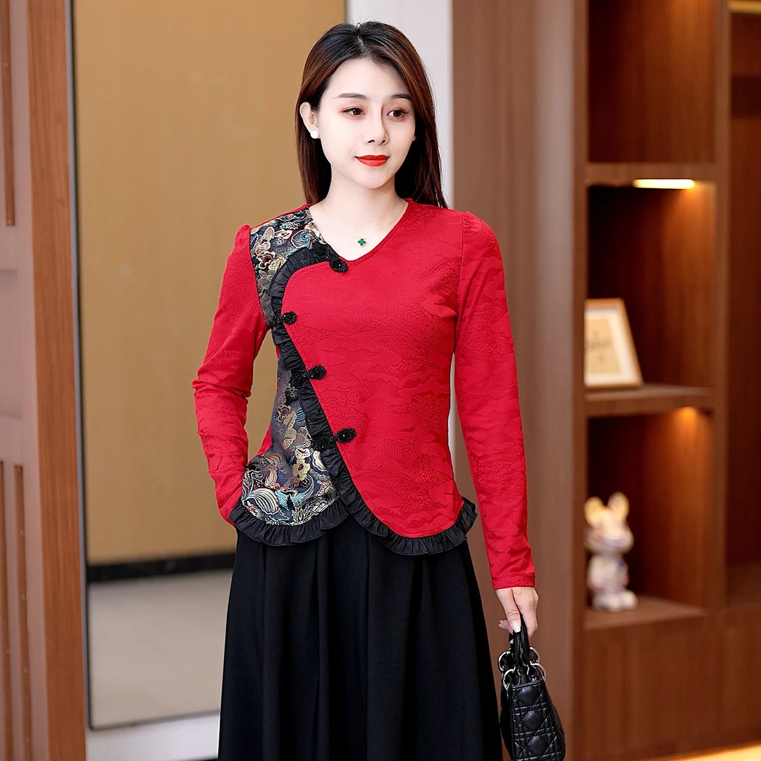 新中式国风设计感提花加绒气质显瘦打底衫新年复古盘扣妈妈装