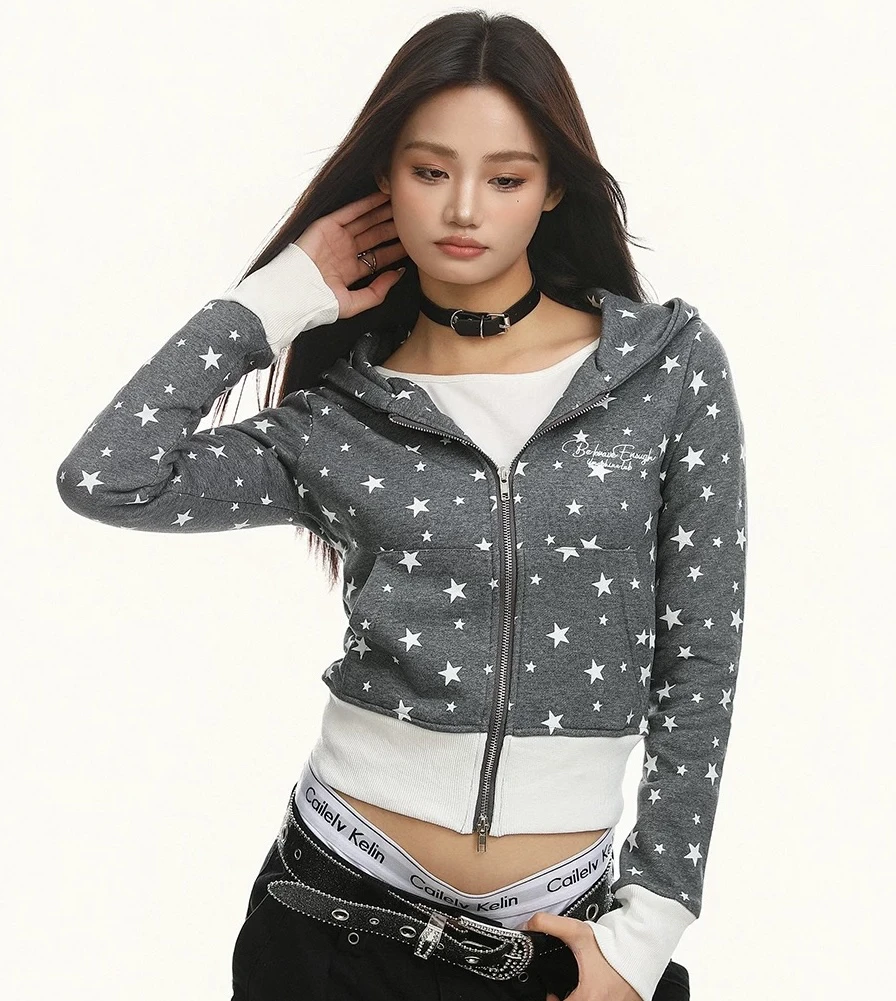 美式复古星星印花连帽卫衣女秋宽松百搭短款辣妹上衣百搭休闲外套