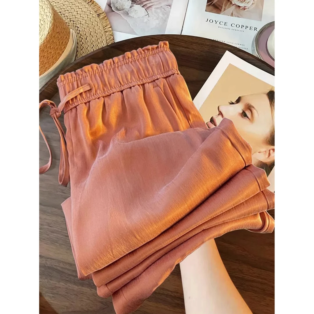 拉夏贝尔垂感阔腿裤女2025新款春夏醋酸显瘦裤宽松高腰直筒休闲裤