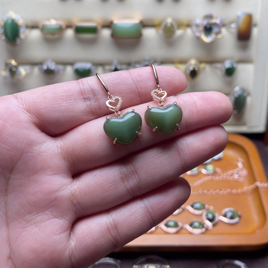 和田玉（碧玉）银S925镶嵌耳坠