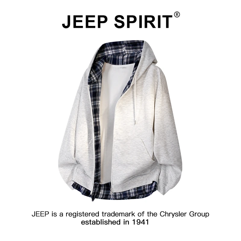 Jeep吉普美式格纹拼接假两件卫衣男女款春秋潮牌情侣连帽开衫外套