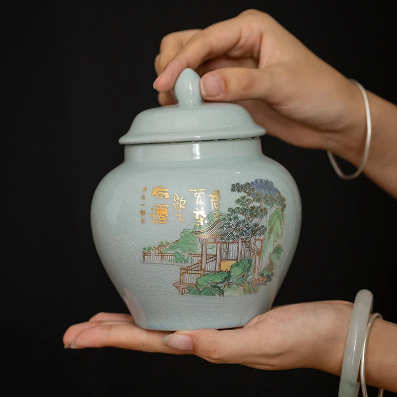 汝窑天青有道蓝山居密封储存将军茶叶罐茶具