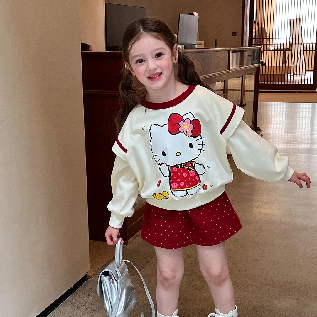 栀了成长记童装女童卡通印花假两件上衣秋季半身裙宝可爱套头卫衣