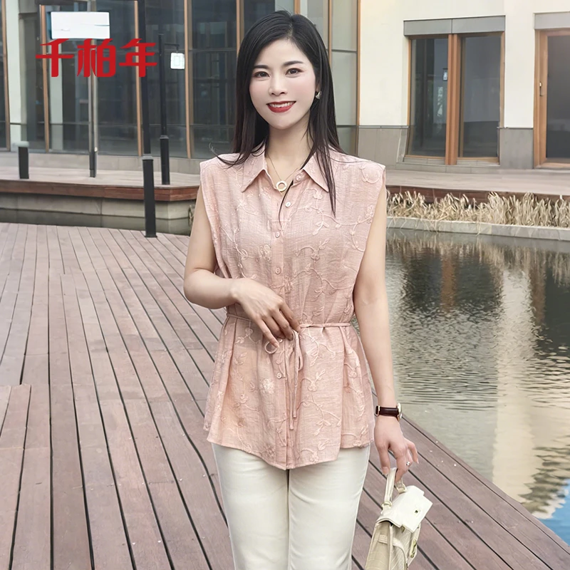 千柏年【多巴胺色彩】时尚减龄刺绣收腰显瘦无袖设计感衬衫-C2135