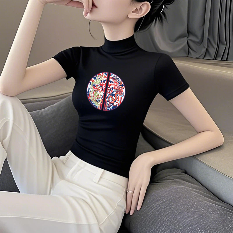 黑色中国风印花短袖t恤女夏季新款修身显瘦半高领莫代尔冰丝上衣