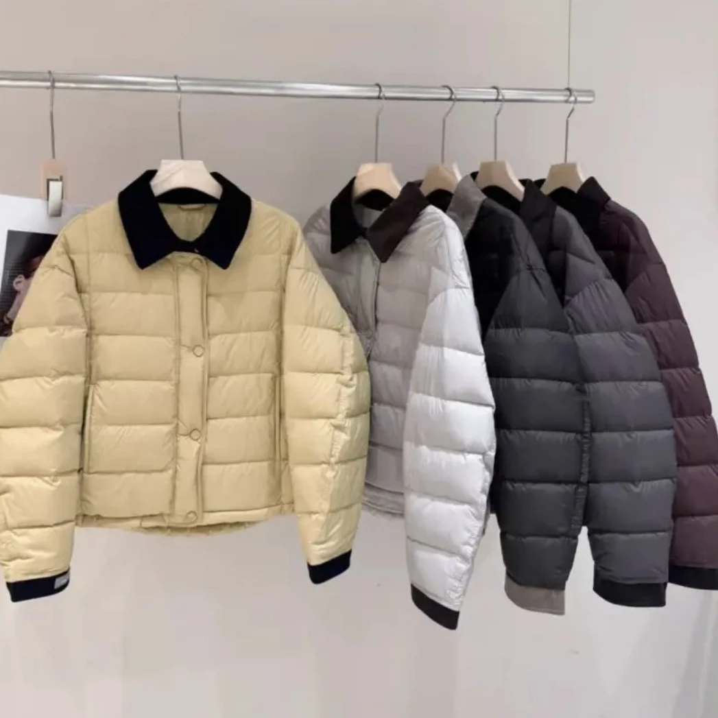 2025冬季休闲棉服短款加厚女小众简约时尚翻领撞色设计保暖外套