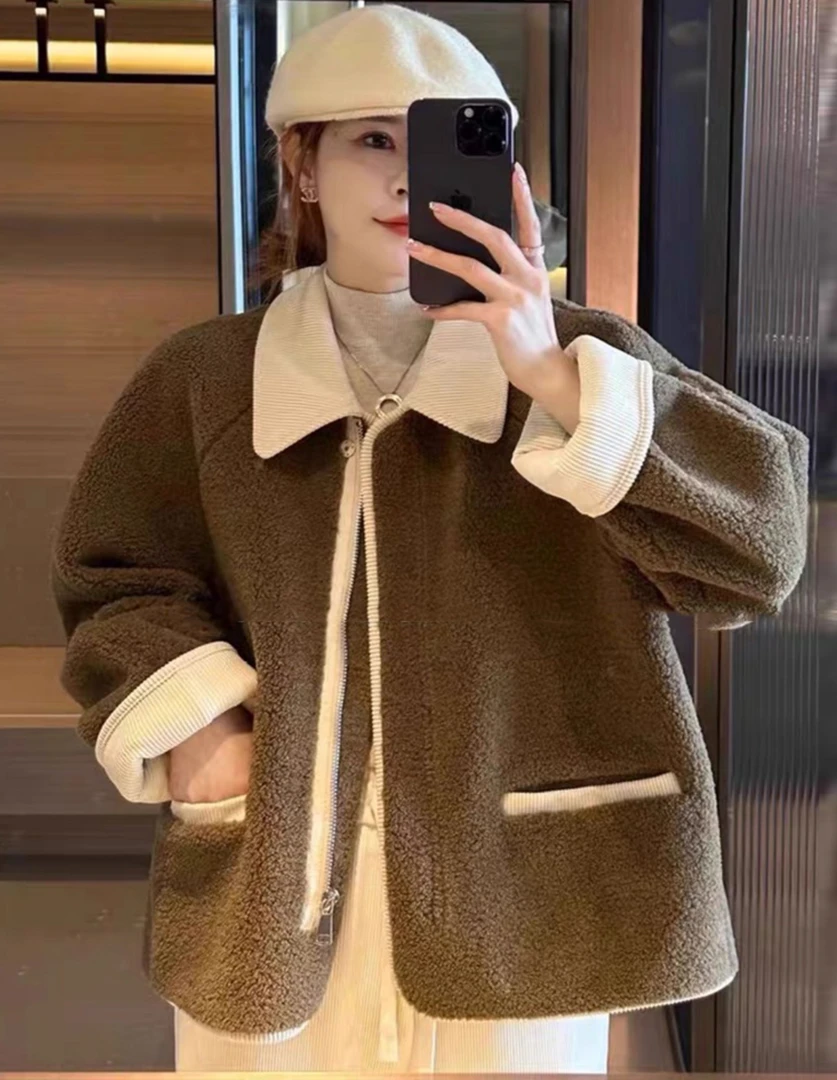 欧货撞色翻领外套女2025秋冬宽松休闲短款皮毛一体上衣