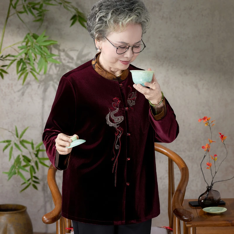 奶奶春装金丝绒国风上衣老年人妈妈春秋天宽松长袖衬衣老太太衣服