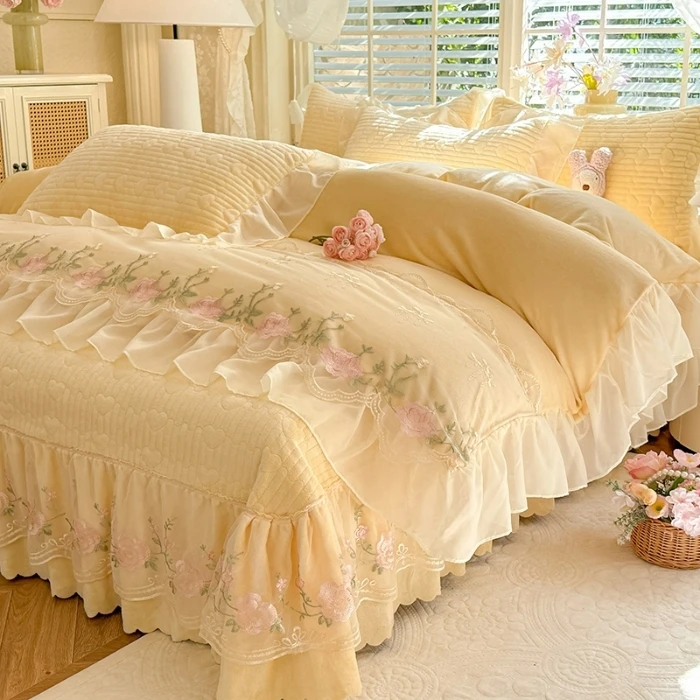 韩式公主风牛奶绒床盖四件套加厚珊瑚绒蕾丝花边被套保暖床单床笠