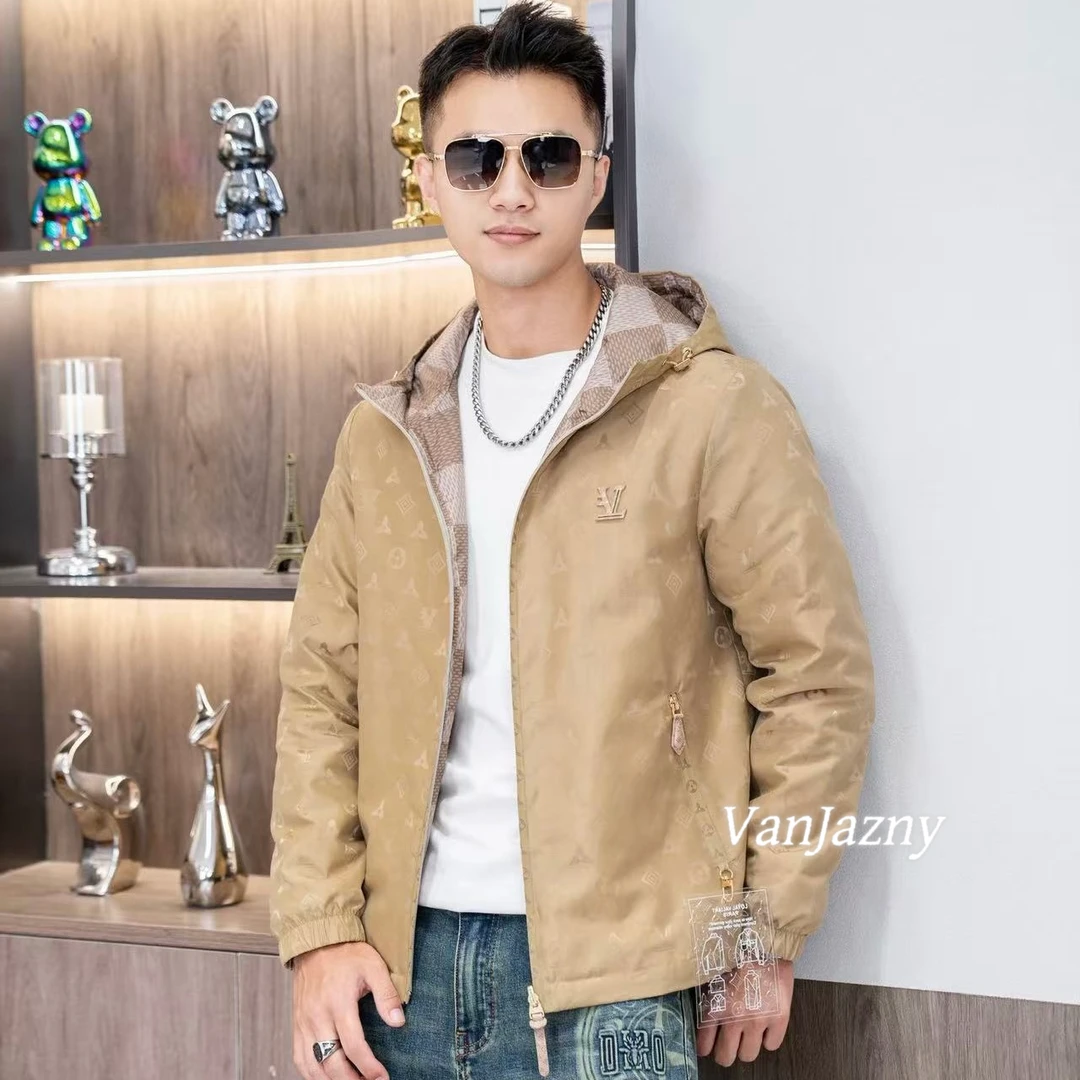 【VanJazny】新款潮流男士轻奢双面穿格纹连帽鹅绒外套
