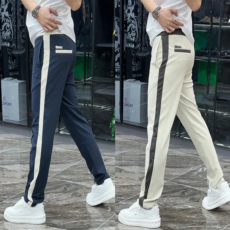 春秋新款垂感休闲裤男潮流韩版阔腿直筒长裤百搭显瘦刺绣条纹卫裤