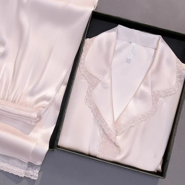 【真丝桑蚕丝】轻奢法式睡衣女春夏长袖家居服套装粉色高级感花边