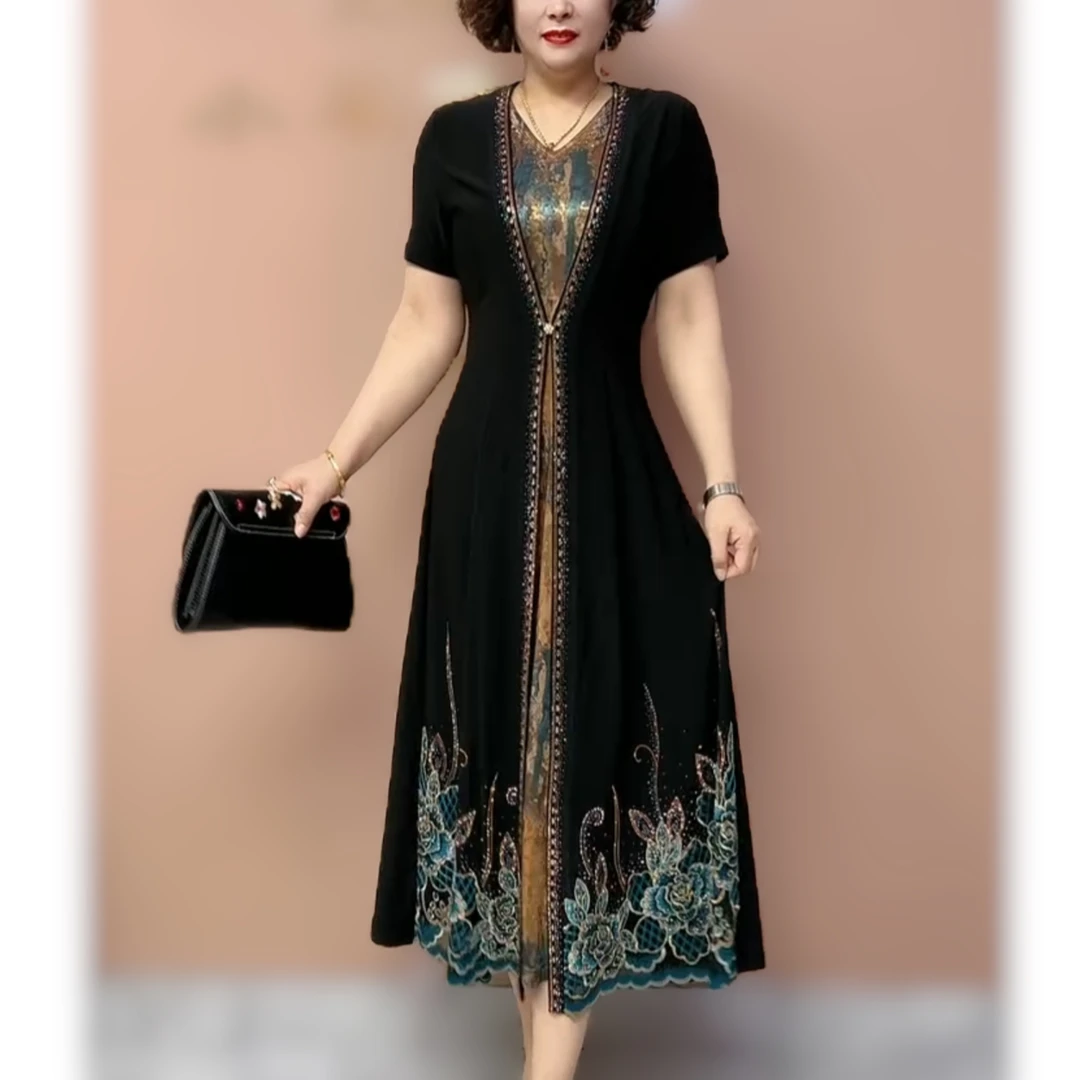 高贵气质典雅夏季短袖妈妈绣花镶钻连衣裙南韩丝弹力大码收腰长裙