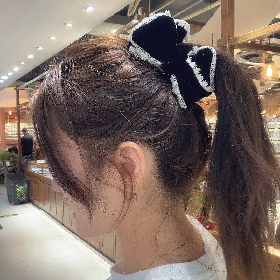 布艺非金属黑丝绒蝴蝶结白边香蕉夹