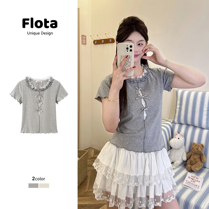 【flota】温柔甜美蝴蝶结木耳边蕾丝拼接短袖夏季显瘦短款上衣1866