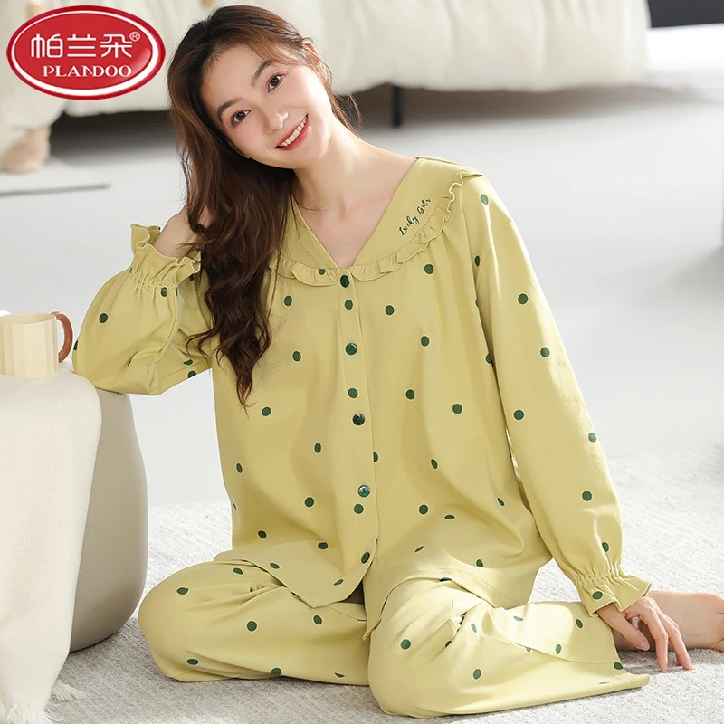 帕兰朵睡衣女春秋长袖100%纯棉中年妈妈女款秋季全棉女士秋冬家居