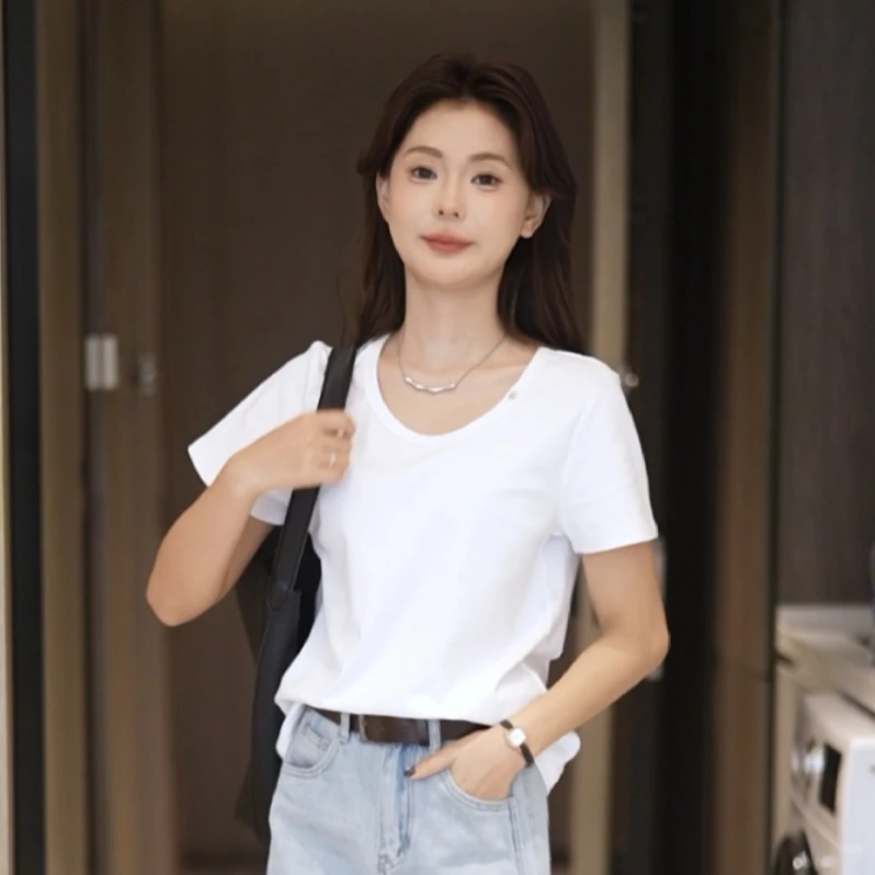 夏季宽松薄款短袖T恤女2025休闲洋气纯色圆领显瘦遮肉舒适透气短T