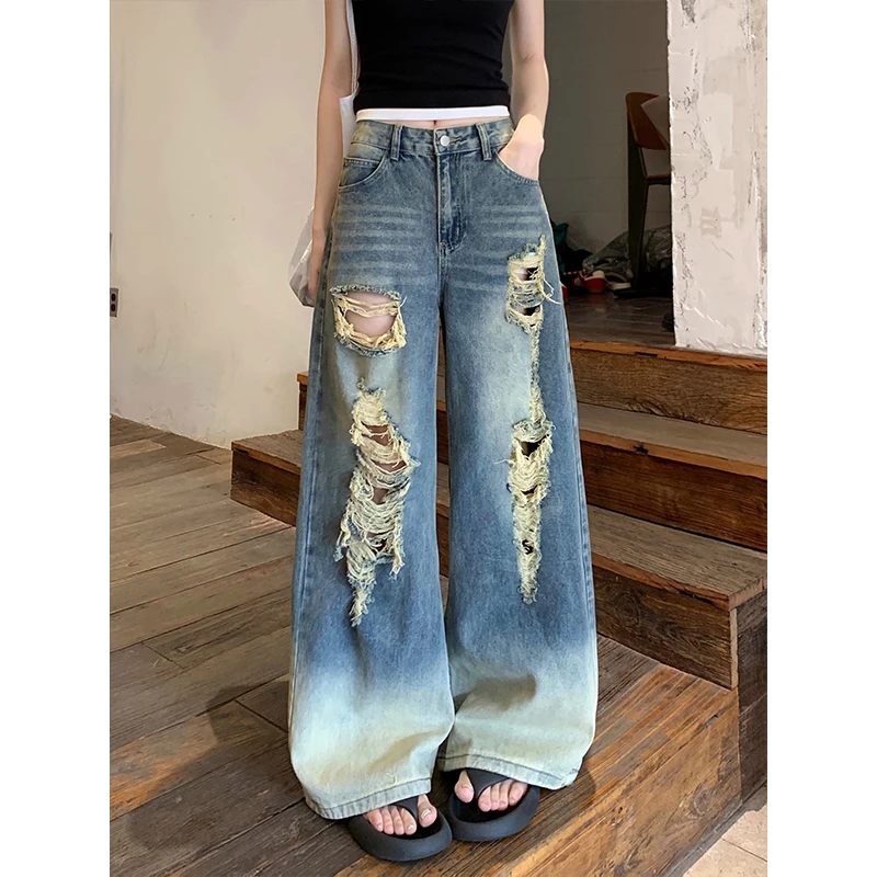 300斤大码女装复古渐变破洞设计牛仔裤女2025新款高腰显瘦阔腿裤