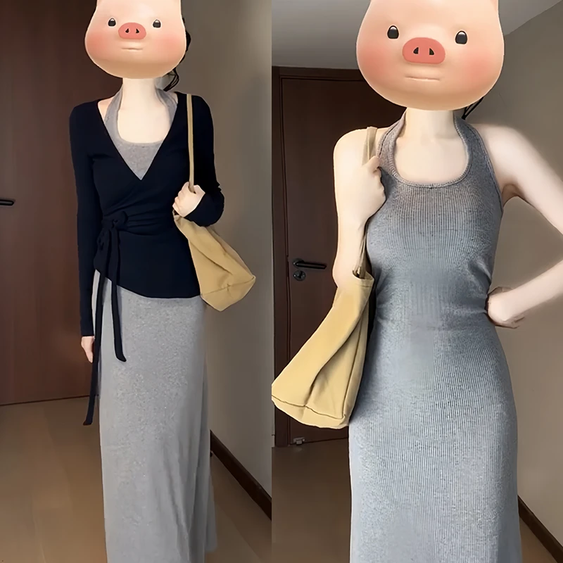 2025年初秋新款高级感针织开衫百搭无袖背心连衣裙纯欲慵懒风套装