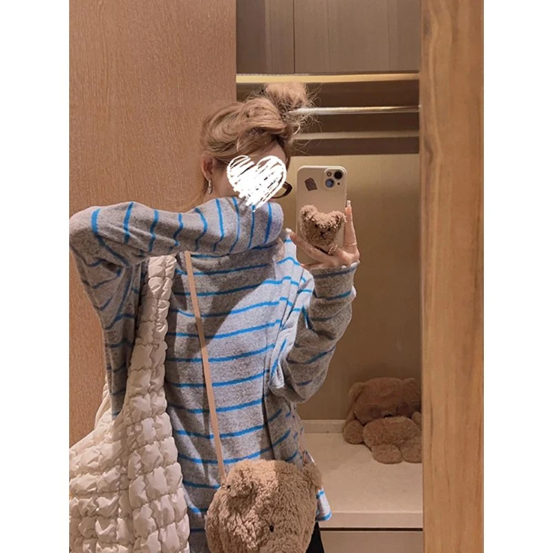 毛绒软fufu长袖T恤女秋冬新款宽松韩版条纹休闲磨毛上衣内搭百搭