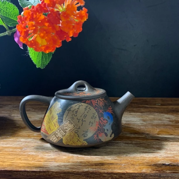 云南建水紫陶茶壶残帖彩填石瓢壶复古手磨泡茶壶书法陶瓷壶单壶