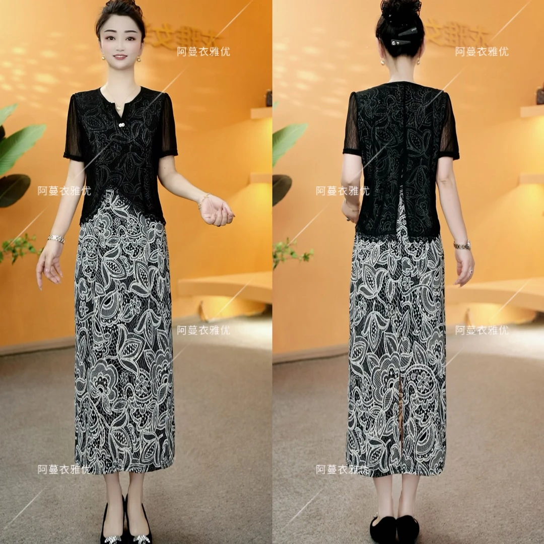 【衣雅严选】8088-1841#新款高定蕾丝提花拼弹力缎面假两件连衣裙