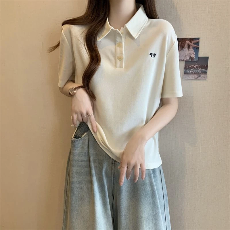 大码设计感POLO领短袖t恤女夏新款胖mm宽松显瘦遮肉洋气休闲上衣