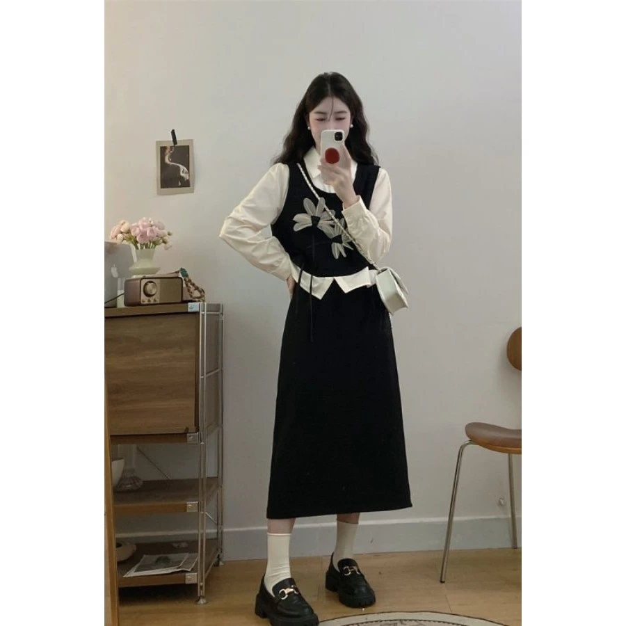 大码胖mm独特绝美套装裙假两件上衣遮肉显瘦半身裙子两件套女秋季