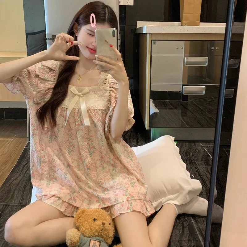 2025新款公主风短袖睡衣女款夏季天泡泡棉大码孕妇甜美薄款家居服