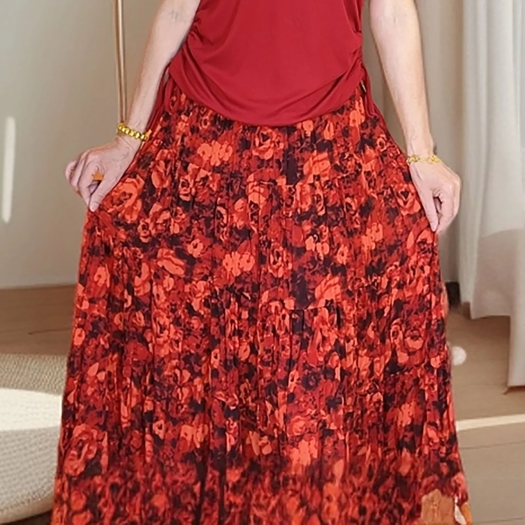 (高款半身裙)拼接碎花印花高腰法式褶皱