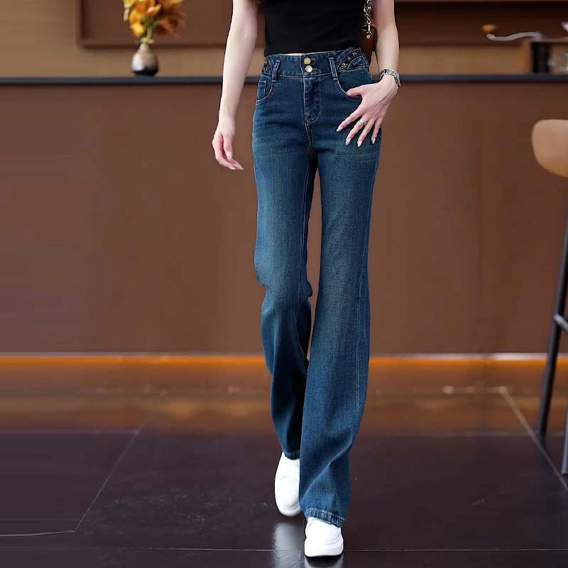 拉夏贝尔复古高腰微喇牛仔裤女2025春秋季新款垂感显瘦直筒喇叭裤