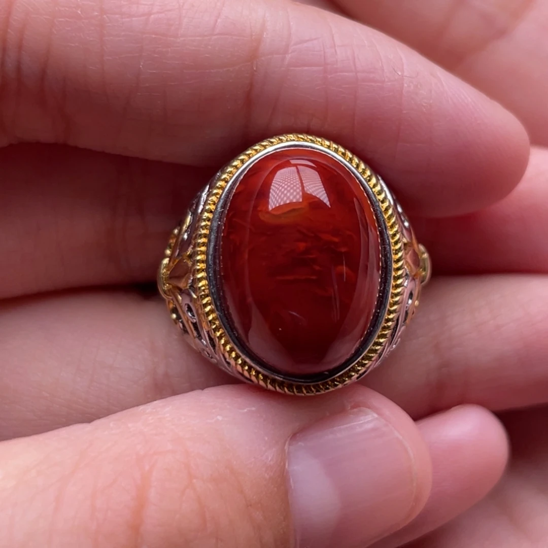 南红玛瑙银S925镶嵌珠宝奇石戒指