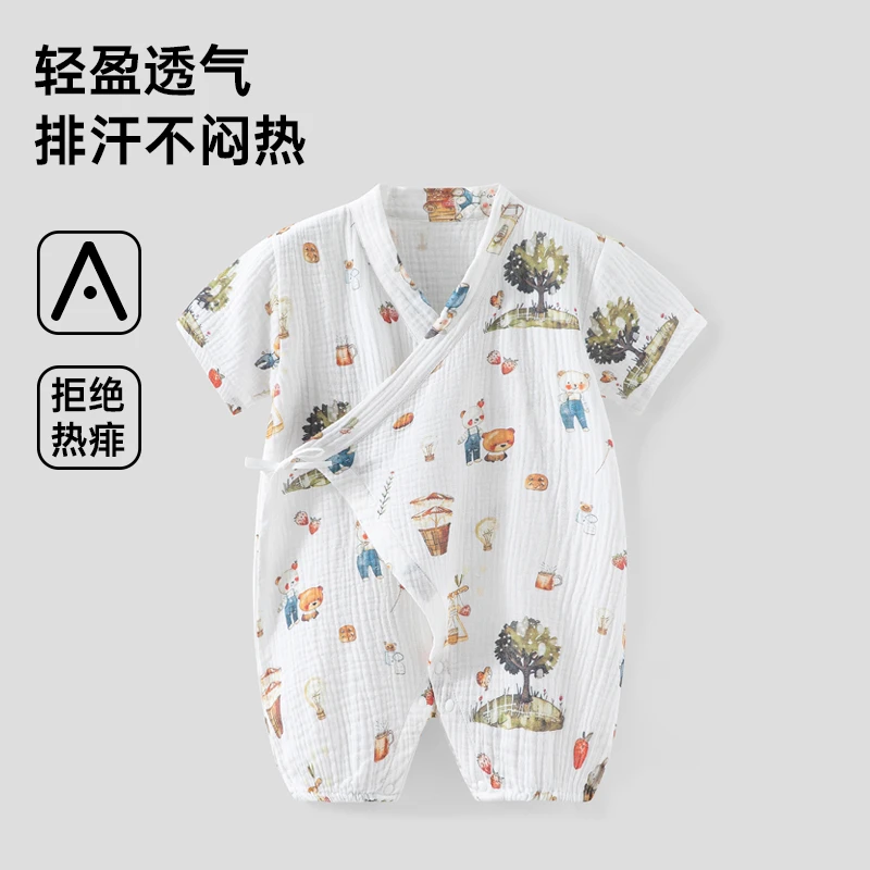 新生儿夏季薄款透气短袖连体衣纱布邹布婴儿凉感和尚服男女宝宝