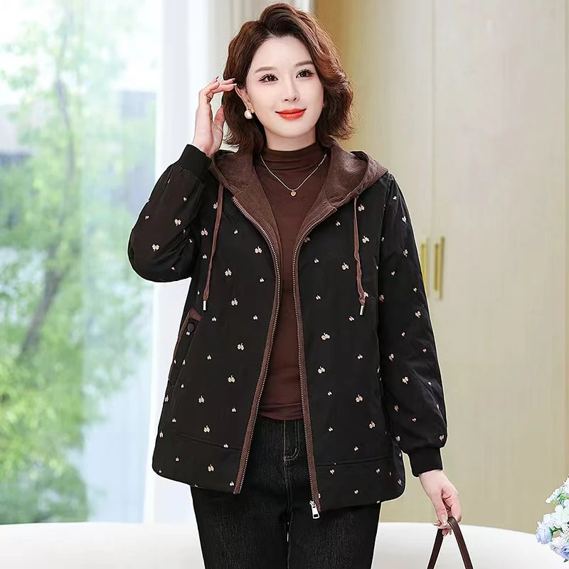 2530加肥加大薄棉连帽休闲洋气印花妈妈外套（235斤内）妈妈装中年